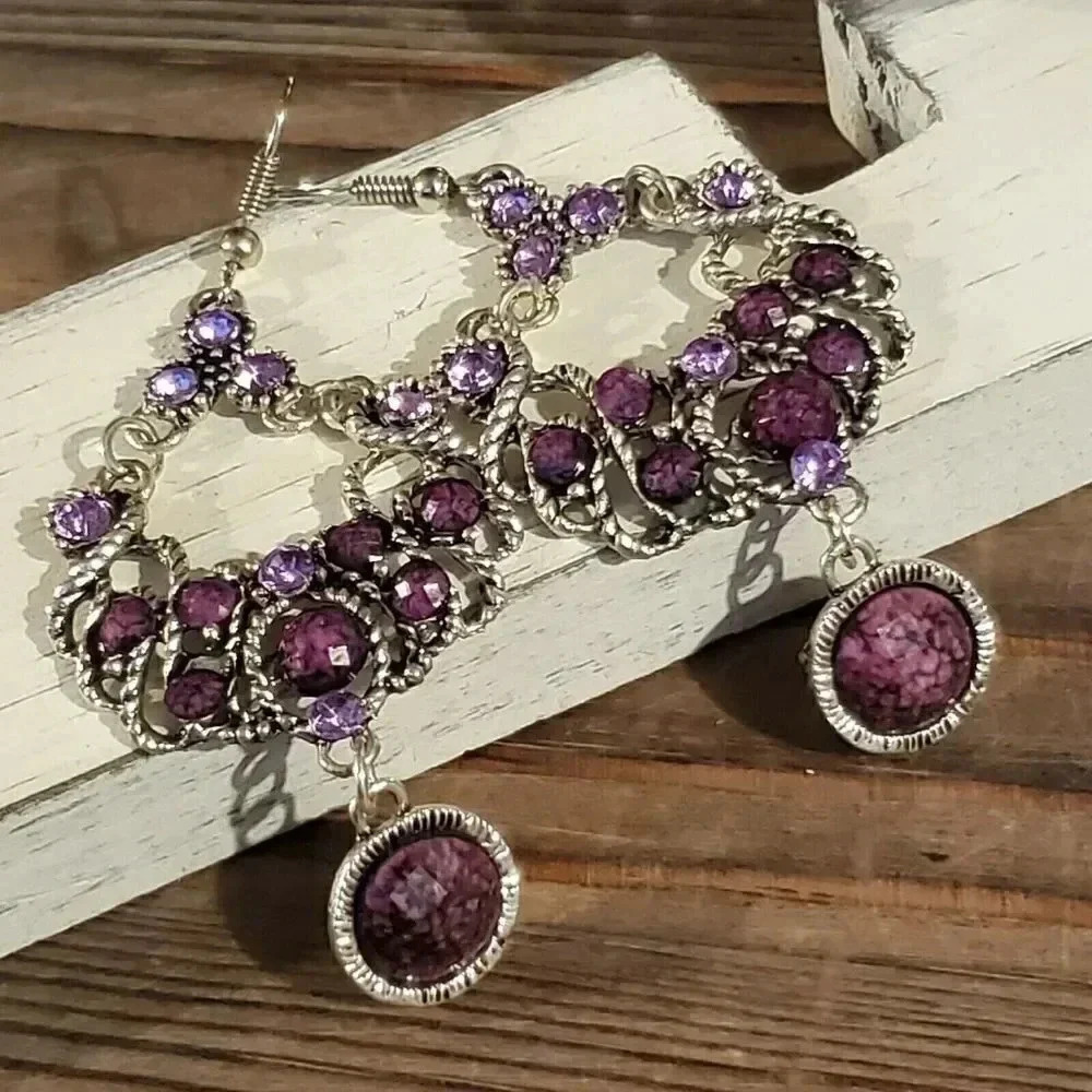 Vintage 90s Lacy Fancy Purple Antique Silver Acrylic Crystal Dangle Earrings